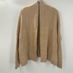 Wooden Ships Tan Open Knit Cardigan Sweater Medium Large Mohair Wool R1657